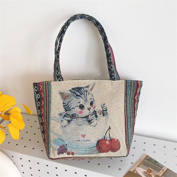 Cat Embroidery Canvas Beige Tote Bag Casual - Picture 3 of 3